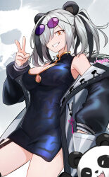 Rule 34 | 1girl, animal ears, arknights, artist name, black dress, china dress, chinese clothes, cleavage cutout, clothing cutout, dress, eyewear on head, feater (arknights), hair over one eye, highres, jacket, jamg336, looking at viewer, multicolored hair, multiple girls, open clothes, open jacket, panda, panda ears, panda girl, print dress, smile, solo, two-tone hair, v