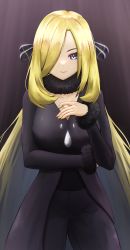 Rule 34 | 1girl, absurdres, black coat, black pants, black shirt, blonde hair, blouse, blue eyes, breasts, cleavage, closed mouth, coat, commentary request, creatures (company), cynthia (pokemon), eyelashes, fur-trimmed coat, fur collar, fur trim, game freak, hair ornament, hair over one eye, hand up, highres, long hair, long sleeves, looking at viewer, nintendo, pants, pokemon, pokemon dppt, shirt, solo, toriare (lyyj0nzq5zhzanl), v-neck, very long hair