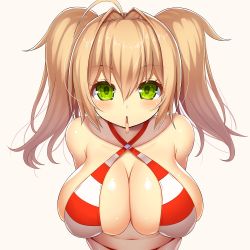 Rule 34 | 1girl, ahoge, arms behind back, asamura hiori, bare shoulders, bikini, blonde hair, blush, breasts, cleavage, collarbone, criss-cross halter, fate/grand order, fate (series), food, from above, green eyes, hair between eyes, hair intakes, halterneck, highres, incoming pocky kiss, large breasts, long hair, looking at viewer, looking up, mouth hold, navel, nero claudius (fate), nero claudius (fate) (all), nero claudius (swimsuit caster) (fate), pocky, pocky day, pocky kiss, pov, red bikini, shared food, shiny skin, simple background, skindentation, solo, striped bikini, striped clothes, swimsuit, tareme, twintails, yellow background