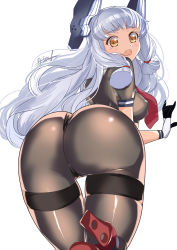 Rule 34 | 1girl, absurdres, ass, ass focus, breasts, gloves, headgear, high heels, highres, kantai collection, long hair, looking at viewer, looking back, matsurika (harusutain), medium breasts, murakumo (kancolle), necktie, pantyhose, simple background, solo, tears, tongue, tongue out, white hair, yellow eyes