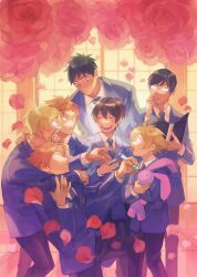 Rule 34 | 1girl, 6+boys, arm around neck, black hair, black pants, blonde hair, blue jacket, blue necktie, brown hair, closed eyes, collared shirt, crossdressing, falling petals, flower, fujioka haruhi, glasses, hair between eyes, hand on own face, haninozuka mitsukuni, hitachiin hikaru, hitachiin kaoru, holding, holding marker, holding stuffed toy, ink on face, jacket, loveariddle, marker, morinozuka takashi, multiple boys, necktie, ootori kyouya, open mouth, orange hair, ouran high school host club, ouran high school uniform, pants, parted lips, petals, red flower, red petals, red rose, rose, school uniform, shirt, short hair, siblings, smile, stuffed animal, stuffed rabbit, stuffed toy, suit jacket, suou tamaki, swept bangs, tears, twins, upper body, white shirt