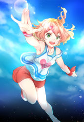 Rule 34 | 1girl, :d, bad id, bad pixiv id, blonde hair, brown hair, floating hair, freyja wion, green eyes, hair between eyes, hair ornament, heart, heart hair ornament, heart print, kadaka (9m), leg up, looking at viewer, macross, macross delta, medium hair, miniskirt, multicolored hair, open mouth, outstretched arms, red skirt, shirt, skirt, sleeveless, sleeveless shirt, smile, solo, two-tone hair, white shirt, wristband