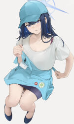 1girl absurdres alternate_costume apron baseball_cap black_hair blue_apron blue_archive blue_hair blush bra_strap breasts collarbone colored_inner_hair halo hat head_tilt highres invisible_chair large_breasts looking_at_viewer multicolored_hair nagata_gata pencil_skirt saori_(blue_archive) shirt simple_background sitting skirt solo straight_hair sweatdrop white_background white_shirt