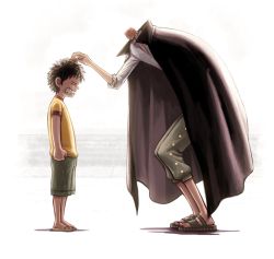 Rule 34 | 2boys, black cape, blouse, cape, clenched teeth, commentary request, crying, from side, green pants, hat, highres, leaning back, male focus, mini hat, monkey d. luffy, multiple boys, one piece, pants, parody, profile, sakkan, sandals, shanks (one piece), shirt, small head, smile, straw hat, teeth, white shirt, yellow shirt