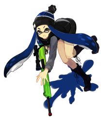 Rule 34 | 1girl, bad id, bad pixiv id, beanie, bike shorts, black footwear, bomber jacket, boots, cross-laced footwear, full body, hat, inkling, inkling girl, inkling player character, jacket, knee boots, lace-up boots, long hair, nintendo, open mouth, simple background, solo, splat charger (splatoon), splatoon (series), splatoon 1, tentacle hair, tomkrs