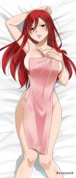 Rule 34 | 1girl, arm up, armpits, blush, breasts, brown eyes, cleavage, erza scarlet, fairy tail, female focus, gaston18, highres, large breasts, long hair, looking at viewer, lying, naked towel, red hair, solo, towel