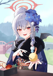 Rule 34 | 1girl, absurdres, bat wings, bento, blue archive, blue flower, blue kimono, blue sky, blurry, blush, braid, chopsticks, commentary, day, depth of field, fang, floral print, flower, food, fur-trimmed kimono, fur trim, grey hair, h9 99999, hair between eyes, hair bun, hair flower, hair ornament, halo, haruna (blue archive), haruna (new year) (blue archive), highres, holding, holding chopsticks, incoming food, japanese clothes, kimono, looking at viewer, official alternate costume, open mouth, outdoors, red eyes, short hair, shrimp, shrimp tempura, side braid, sky, smile, solo, symbol-only commentary, tempura, tongue, upper body, wide sleeves, wings
