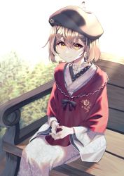Rule 34 | 1girl, bench, beret, braid, braided bangs, brown eyes, brown hair, bush, earrings, ellet j, floral print, gloves, hat, highres, hololive, hololive english, japanese clothes, jewelry, kimono, lace, lace gloves, light rays, looking at viewer, multicolored hair, nanashi mumei, nanashi mumei (new year), official alternate costume, own hands together, print kimono, red shawl, ribbon, shawl, short hair, single earring, sitting, streaked hair, virtual youtuber, white kimono