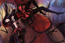Rule 34 | 1girl, alternate hairstyle, black hair, black pantyhose, clock, date a live, detached sleeves, dress, floating hair, full body, gothic lolita, hair ribbon, hairband, heterochromia, highres, holding, holding weapon, lolita fashion, lolita hairband, long hair, outstretched arms, pantyhose, red eyes, red ribbon, ribbon, sleeveless, sleeveless dress, smile, solo, tokisaki kurumi, very long hair, weapon, yellow eyes, younuan