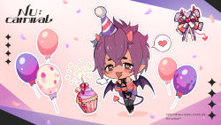 Rule 34 | 1boy, balloon, blush, candle, chibi, cupcake, demon boy, demon horns, demon tail, demon wings, food, hat, heart, heart-shaped pupils, highres, horns, male focus, morvay (nu carnival), nu carnival, off shoulder, official art, open mouth, party hat, pointy ears, purple hair, short hair, speech bubble, stomach tattoo, symbol-shaped pupils, tail, tattoo, wings