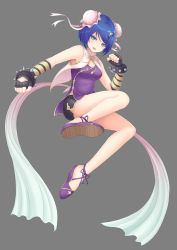 Rule 34 | &gt;:d, 1girl, :d, black gloves, blue hair, breasts, china dress, chinese clothes, cleavage, double bun, dress, fingerless gloves, gloves, green eyes, hair ornament, hairclip, highres, looking at viewer, open mouth, original, shoes, short hair, simple background, smile, solo, v-shaped eyebrows, yuki7128