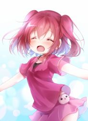 Rule 34 | 10s, 1girl, ^ ^, blush, charm (object), closed eyes, commentary request, facing viewer, kofa (ikyurima), kurosawa ruby, love live!, love live! school idol festival, love live! sunshine!!, miniskirt, open mouth, outstretched arms, pink shirt, pink skirt, red hair, shirt, short sleeves, skirt, solo, spread arms, two side up