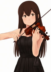 Rule 34 | 10s, 1girl, akagi (kancolle), alternate costume, arm up, bare arms, bare shoulders, black dress, brown eyes, brown hair, closed mouth, dress, female focus, formal, fuyube gin (huyube), hair between eyes, hand up, holding, holding instrument, instrument, kantai collection, long hair, looking at viewer, music, official style, playing instrument, sidelocks, solo, strapless, strapless dress, violin, white background