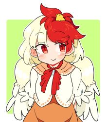 Rule 34 | 1girl, animal, animal on head, bird, bird on head, bird wings, blonde hair, blush, chick, closed mouth, dress, feathered wings, ini (inunabe00), looking at viewer, multicolored hair, niwatari kutaka, on head, orange dress, red eyes, red hair, shirt, short hair, short sleeves, smile, solo, touhou, two-tone hair, upper body, white shirt, wings, yellow wings
