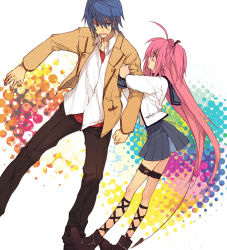 Rule 34 | 10s, 1boy, 1girl, ahoge, angel beats!, ankle lace-up, arm hug, bad id, bad pixiv id, blazer, blue hair, choker, chomii, couple, cross-laced footwear, demon tail, height difference, hetero, hinata hideki, jacket, long hair, pink eyes, pink hair, school uniform, serafuku, short hair, short twintails, size difference, skirt, tail, thigh strap, twintails, two side up, yui (angel beats!), zetzetzet (chomi)