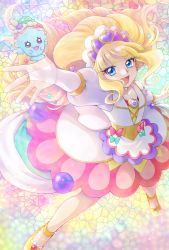 Rule 34 | 1girl, 1other, aizen (syoshiyuki), blonde hair, blue background, blue eyes, blush, bridal gauntlets, brooch, choker, cure finale, delicious party precure, dress, earrings, frills, gradient background, green background, hair ornament, highres, jewelry, kasai amane, long hair, long sleeves, magical girl, multicolored background, open mouth, parfait recipipi, pink background, precure, smile, tiara, yellow background, yellow footwear
