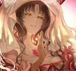 Rule 34 | 1girl, backlighting, bare shoulders, black hair, breasts, chest tattoo, cleavage, collarbone, dress, facial mark, fate/extra, fate/extra ccc, fate (series), forehead mark, galibo, half-closed eyes, horns, large breasts, long hair, looking at viewer, parted bangs, parted lips, sessyoin kiara, sideboob, smile, tattoo, veil, wavy hair, white dress, yellow eyes