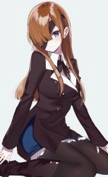 Rule 34 | 1girl, bad id, bad pixiv id, black jacket, black ribbon, blue skirt, blush, boots, brown footwear, brown hair, collared shirt, commentary, eyepatch, fate/grand order, fate (series), grey background, jacket, kneeling, long hair, long sleeves, looking at viewer, misumi (macaroni), neck ribbon, ophelia phamrsolone, pantyhose, ribbon, shirt, simple background, skirt, smile, solo, white shirt