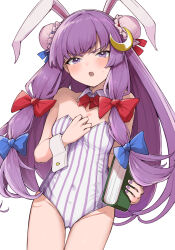 Rule 34 | 1girl, blue bow, blunt bangs, bow, bowtie, breasts, bun cover, cleavage, crescent, crescent hair ornament, detached collar, double bun, goten (510gensoku), hair bow, hair bun, hair ornament, long hair, patchouli knowledge, purple eyes, purple hair, purple headwear, red bow, red bowtie, small breasts, solo, touhou, very long hair