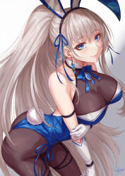 Rule 34 | 1girl, animal ear hairband, animal ears, arched back, arm strap, bare shoulders, black hairband, blue eyes, blue leotard, breasts, closed mouth, commentary request, earrings, elbow gloves, fake animal ears, fake tail, gloves, grey hair, hairband, highres, jewelry, large breasts, leotard, long hair, looking at viewer, original, playboy bunny, ponytail, rabbit ears, rabbit tail, sakiyamama, smile, tail, thighs, white gloves