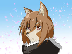 Rule 34 | 10s, absurdres, androgynous, artist request, dog, flying witch, furry, gender request, gradient background, highres, inukai (flying witch), outdoors, red eyes, short hair, sky, solo, upper body, white background