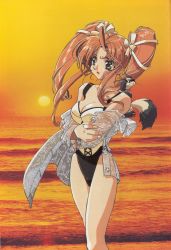 Rule 34 | 1990s (style), 1girl, ahoge, casual one-piece swimsuit, crossed arms, ferret, green eyes, hair ribbon, ishida atsuko, japolo, long hair, official art, one-piece swimsuit, orange background, orange hair, parted bangs, photo background, retro artstyle, ribbon, see-through, shamanic princess, sunset, swimsuit, tiara (shamanic princess), twintails, two-tone swimsuit, water