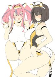 Rule 34 | 2girls, absurdres, alternate costume, anal tail, animal ears, arm strap, ass, azur lane, back cutout, baltimore (azur lane), bare shoulders, bell, black choker, blush, braid, breasts, bremerton (azur lane), brown hair, butt plug, butt plug tail, chinese zodiac, choker, claw pose, closed mouth, clothing cutout, commentary request, competition swimsuit, cowboy shot, fake animal ears, fake tail, fang, fingerless gloves, flat color, french braid, gloves, gluteal fold, grey hair, hair between eyes, hair intakes, hair ornament, hairband, halcon, half gloves, hand on own hip, hand up, hands up, highres, large breasts, leaning forward, long hair, looking at viewer, mole, mole under eye, multicolored hair, multiple girls, neck bell, nose blush, one-piece swimsuit, one eye closed, open mouth, pink eyes, pink hair, sex toy, short hair, sidelocks, simple background, sketch, skindentation, smile, standing, standing on one leg, streaked hair, swimsuit, tail, thighhighs, tiger ears, tiger tail, twintails, twisted torso, two-tone hair, white background, white legwear, white one-piece swimsuit, year of the tiger, yellow eyes