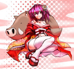 Rule 34 | 1girl, blush, boar, collar, flower, garter straps, hair between eyes, hair ornament, japanese clothes, kimono, kobayashi tetsuya, long sleeves, looking at viewer, new year, off shoulder, purple hair, red eyes, red footwear, shoes, sitting, smile, solo, thighhighs, white thighhighs