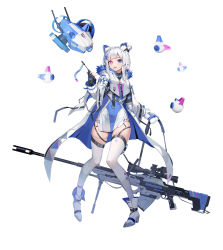 Rule 34 | 1girl, absurdres, animal ears, arm at side, blue eyes, boots, cape, dress, drone, fingerless gloves, fox ears, fox girl, full body, fur-trimmed cape, fur trim, gloves, gun, hair ornament, hand up, highres, holding, holding gun, holding weapon, knees together feet apart, open mouth, original, pink eyes, rifle, robot, short hair, simple background, sniper rifle, scope, soho (user dphk5745), solo, standing, thighhighs, weapon, white background, white hair, white thighhighs