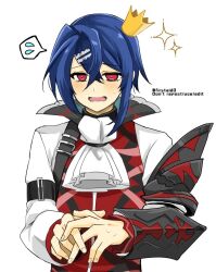 Rule 34 | 1boy, alcryst (fire emblem), armor, ascot, blue hair, blush, crown, fire emblem, fire emblem engage, hair between eyes, hair ornament, hairclip, high collar, long sleeves, looking at viewer, mini crown, nintendo, open mouth, red eyes, short hair, white ascot, white background, yukia (firstaid0)