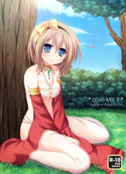 Rule 34 | 1girl, bare shoulders, between thighs, blue eyes, blush, breasts, brown hair, choker, cleavage, cover, cover page, detached sleeves, furukawa lemon, grass, gypsy (ragnarok online), jewelry, looking at viewer, necklace, o-ring, o-ring top, ragnarok online, see-through, short hair, sitting, smile, solo, thighs, tree, underboob, v arms, wariza