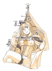Rule 34 | 6+girls, braid, breasts, cape, cropped legs, crossed arms, crown, dress, fairy (kancolle), flower, french braid, globus cruciger, hair between eyes, heart, janus (kancolle), jervis (kancolle), jewelry, kantai collection, long hair, long sleeves, looking at viewer, mini crown, mini person, minigirl, mixed-language commentary, monochrome, multiple girls, necklace, nelson (kancolle), off-shoulder dress, off shoulder, parted lips, rose, sheffield (kancolle), short hair, simple background, sitting, smile, standing, victorious (kancolle), warspite (kancolle), weidashming, yellow theme