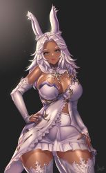 Rule 34 | 1girl, black background, blue eyes, boots, breasts, contrapposto, curvy, dark-skinned female, dark skin, elbow gloves, final fantasy, final fantasy xiv, gloves, hand on own hip, head tilt, highres, large breasts, lipstick, long hair, looking at viewer, mad kimo, makeup, rabbit ears, solo, thick thighs, thigh boots, thighhighs, thighs, viera, white hair, wide hips, zettai ryouiki
