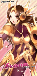 Rule 34 | 1girl, armor, brown eyes, brown hair, character name, ear protection, forehead protector, joypyonn, league of legends, leona (league of legends), long hair, open mouth, shield, solo