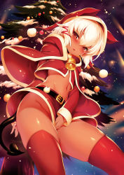 Rule 34 | 1girl, :o, animal ears, animal hat, arm behind back, bell, belt, belt buckle, blonde hair, blush, buckle, christmas, christmas tree, clothes pull, copyright request, covering crotch, covering privates, cowboy shot, crop top, dark-skinned female, dark skin, demon tail, embarrassed, foreshortening, from below, glint, groin, hair between eyes, hair ribbon, half-closed eyes, hat, long sleeves, looking at viewer, looking down, m-da s-tarou, midriff, navel, night, night sky, no panties, open mouth, outdoors, red eyes, red hat, red ribbon, red skirt, red thighhighs, ribbon, rocoroco, santa hat, shiny skin, short hair, skindentation, skirt, skirt pull, sky, solo, standing, stomach, tail, tanaka the wizard, thighhighs