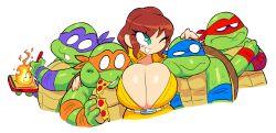 april_o&#039;neil brown_hair donatello_(tmnt) highres leonardo_(tmnt) michelangelo_(tmnt) one_eye_closed raphael_(tmnt) teenage_mutant_ninja_turtles theguywhodrawsalot white_background