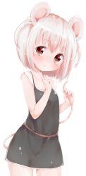 Rule 34 | 1girl, animal ears, bad id, bad pixiv id, belt, blush, dress, finger to mouth, highres, holding, looking at viewer, mouse ears, mouse tail, original, red eyes, rima (rimarip), short hair, sleeveless, solo, standing, tail, white background, white hair