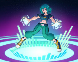 1girl emi_kimura green_hair midriff navel purple_eyes solo wayforward yars_rising