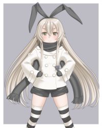 Rule 34 | 10s, 1girl, black scarf, blonde hair, border, brown eyes, hair ribbon, hairband, hands on own hips, highres, jacket, kantai collection, long hair, mittens, outside border, ribbon, scarf, shimakaze (kancolle), short shorts, shorts, smile, solo, striped clothes, striped thighhighs, t2r, thighhighs, white border