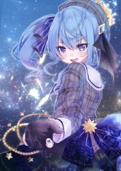 Rule 34 | 1girl, absurdres, back bow, beret, blue eyes, blue hair, blue nails, bow, commentary request, crown, frilled skirt, frills, gloves, grey hat, hair ribbon, hat, highres, hololive, hoshimachi suisei, hoshimachi suisei (1st costume), jacket, moizumi shipon, nail polish, open mouth, partially fingerless gloves, plaid, plaid headwear, plaid jacket, ribbon, side ponytail, skirt, sky, solo, star (sky), star (symbol), star in eye, starry sky, symbol in eye, virtual youtuber