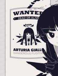 Rule 34 | 1girl, arknights, blunt bangs, bright pupils, character name, commentary, gloves, highres, looking at viewer, monochrome, pointing, smile, solo, virtuosa (arknights), wanted, xity