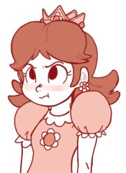 Rule 34 | 1girl, angry, blush, crown, earrings, flower earrings, jewelry, mario (series), mario party, nintendo, outta sync, princess daisy, puffy short sleeves, puffy sleeves, short sleeves, solo, super mario bros. 1, super mario land, tomboy
