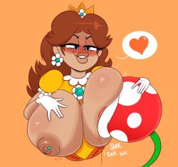 Rule 34 | 1girl, 1other, blue eyes, blush, breast sucking, breasts, breasts out, brown hair, clothed sex, clothes, crown, earrings, flower earrings, gloves, heart, highres, jewelry, large breasts, licking, licking nipple, long hair, looking at viewer, mario (series), mb ota, monster, nintendo, nipple piercing, nipple stimulation, nipples, orange background, piercing, piranha plant, princess, princess daisy, simple background, smile, speech bubble, super mario bros. 1, super mario land, tongue, tongue out, torn clothes, white gloves