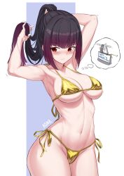 Rule 34 | 1girl, aomoro, armpits, arms up, bikini, black hair, blunt bangs, blunt ends, blush, breasts, character request, closed mouth, collarbone, copyright request, cowboy shot, eyelashes, female pubic hair, gold bikini, gradient hair, highres, large breasts, looking to the side, micro bikini, multicolored hair, navel, ponytail, pubic hair, purple hair, red eyes, shadow, side-tie bikini bottom, sidelocks, signature, skindentation, solo, swimsuit, thighs, thought bubble, tying hair