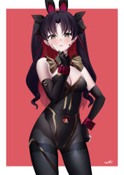 Rule 34 | 1girl, absurdres, animal ears, bare shoulders, black gloves, black hair, black leotard, black pantyhose, breasts, cleavage, covered navel, detached collar, elbow gloves, fake animal ears, fate/grand order, fate (series), fingerless gloves, gloves, gold trim, grey eyes, highleg, highleg leotard, highres, ishtar (fate), kurozawa yui, leotard, long hair, looking at viewer, medium breasts, multicolored hair, nail polish, pantyhose, parted bangs, playboy bunny, rabbit ears, red hair, space ishtar (fate), thighband pantyhose, two-tone hair, two side up, wrist cuffs