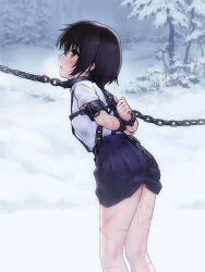 Rule 34 | 1girl, arms behind back, bdsm, black hair, blue skirt, bondage, bound, collar, cuffs, funitarefu, heavy breathing, highres, injury, leash, looking up, open mouth, original, outdoors, pleated skirt, school uniform, shackles, short hair, short sleeves, skirt, snow, thighs, tree, whip marks, winter