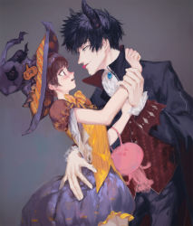 Rule 34 | 1boy, 1girl, alternate costume, ascot, black eyes, black hair, bow, bowtie, brown hair, demon horns, dress, eye contact, grey background, hat, hat ornament, hetero, highres, holding own arm, horns, kougami shin&#039;ya, looking at another, orange bow, orange bowtie, psycho-pass, purple dress, red eyes, short hair, standing, tongue, tongue out, tsunemori akane, tuta, vampire costume, witch hat