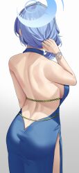 Rule 34 | 1girl, absurdres, ako (blue archive), ako (dress) (blue archive), ass, back, backless dress, backless outfit, blue archive, blue dress, blue hair, bracelet, breasts, dress, facing away, from behind, haerge, hairband, halo, highres, jewelry, large breasts, medium hair, side slit, simple background, solo, sparkle, white background