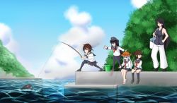 Rule 34 | 10s, 5girls, akatsuki (kancolle), breasts, brown hair, bucket, commentary request, female admiral (kancolle), female focus, fishing, fishing rod, folded ponytail, hair ornament, hairclip, hat, hibiki (kancolle), i-class destroyer, ikazuchi (kancolle), inazuma (kancolle), kantai collection, long hair, multiple girls, nature, nuemamoru eion, open mouth, outdoors, pantyhose, school uniform, serafuku, short hair, skirt, sky, sleeveless, slippers