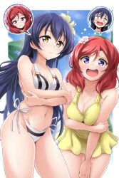 Rule 34 | 2girls, absurdres, arm under breasts, bikini, black bikini, blue hair, blue sky, blush, body switch, border, breast press, breasts, cleavage, closed mouth, commentary request, crossed arms, embarrassed, flower, frown, hair between eyes, hair flower, hair ornament, highres, kirisaki reina, long hair, looking at viewer, love live!, love live! school idol project, medium breasts, multiple girls, navel, nishikino maki, one-piece swimsuit, open mouth, personality switch, purple eyes, red hair, short hair, side-tie bikini bottom, sky, sonoda umi, striped bikini, striped clothes, swap, sweatdrop, swimsuit, two-tone bikini, white bikini, white border, yellow eyes, yellow one-piece swimsuit